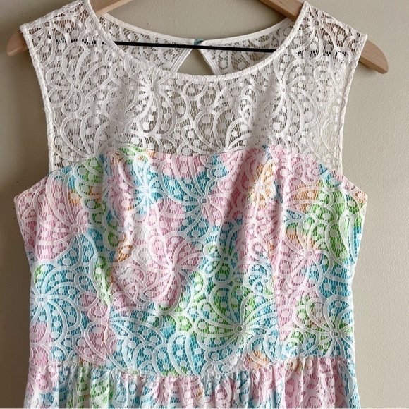 Lilly Pulitzer Morrison Lace Overlay Sleeveless Dress Cutout Back Pink Blue Sz 8 - Picture 3 of 14